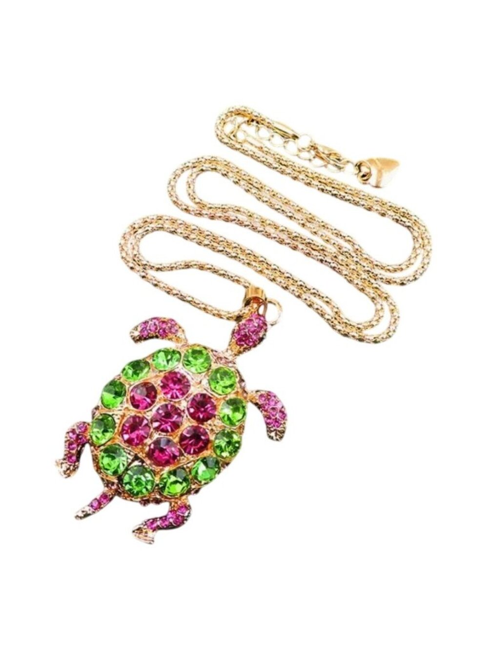 Betsey Johnson Necklace Pink & Green Crystal Turtle Pendant Gold Tone